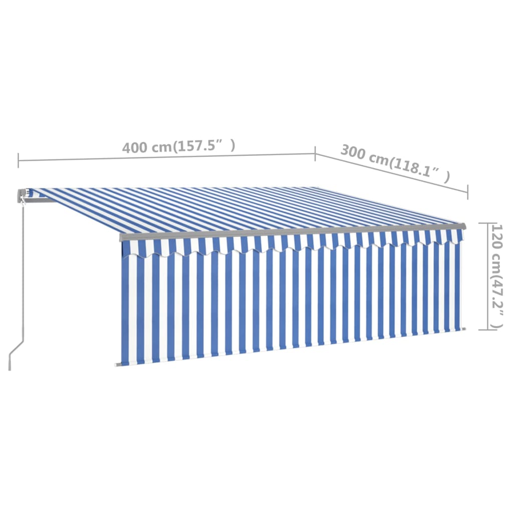 Copertină retractabilă manual cu stor, albastru & alb, 4x3 m