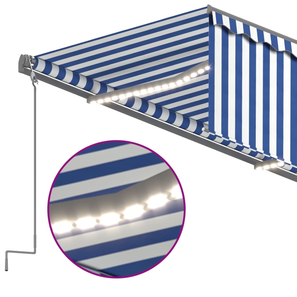 Copertină retractabilă manual cu stor&LED,albastru&alb, 5x3 m