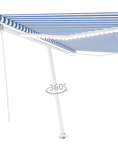 Încărcați imaginea în vizualizatorul Galerie, Copertină automată cu LED&amp;senzor vânt, albastru/alb, 450x350 cm

