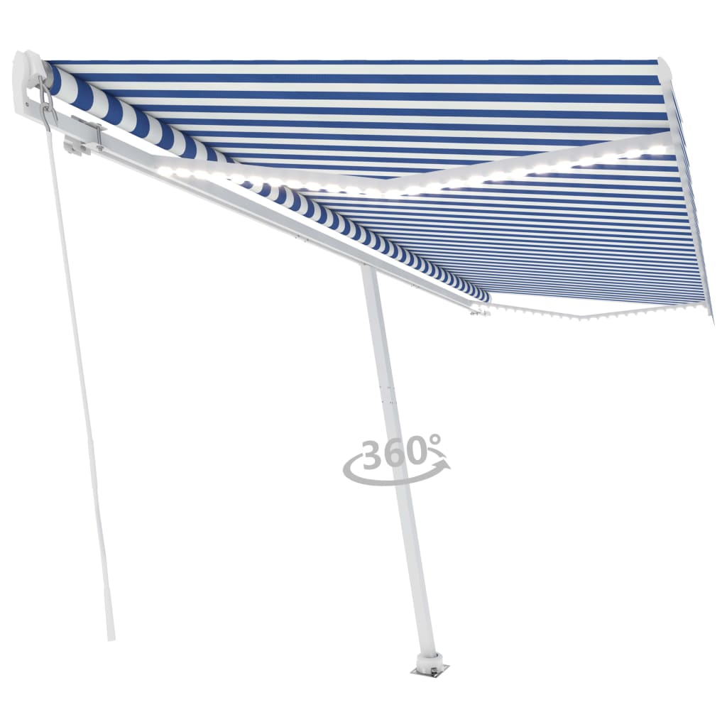 Copertină retractabilă manual cu LED, albastru&alb, 500x350 cm