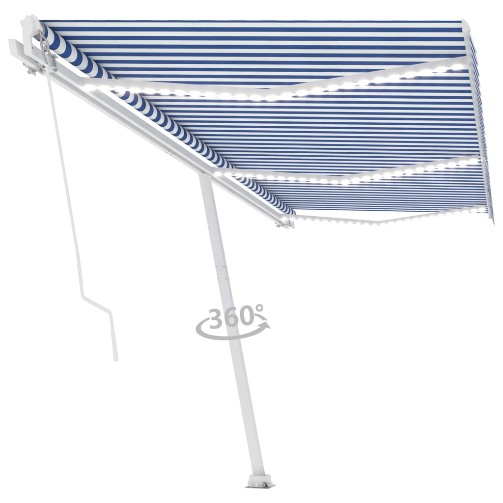 Copertină retractabilă manual LED, albastru și alb, 600x350 cm