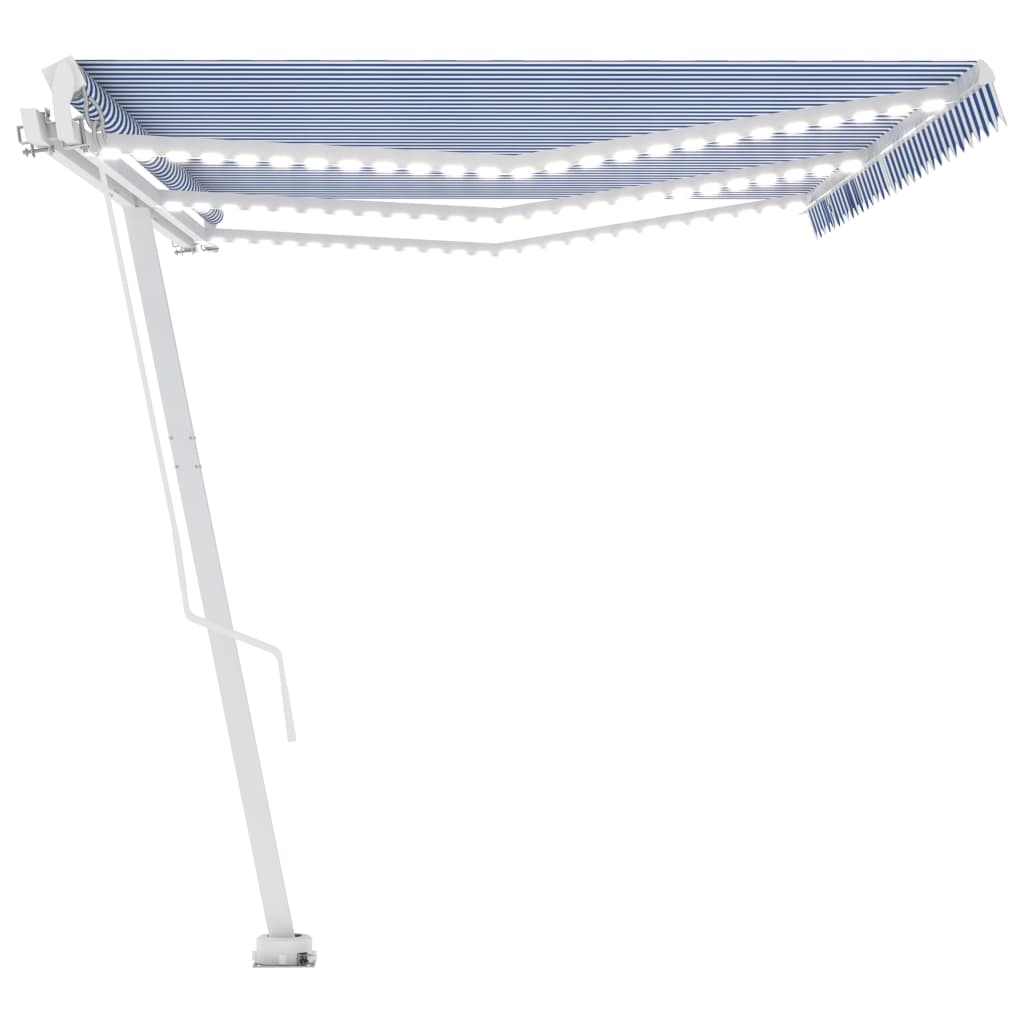 Copertină retractabilă manual LED, albastru și alb, 600x350 cm