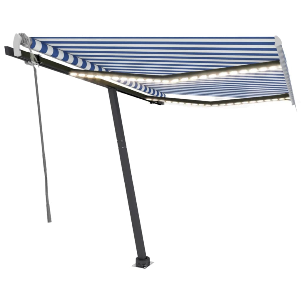 Copertină retractabilă manual cu LED, albastru&alb, 350x250 cm