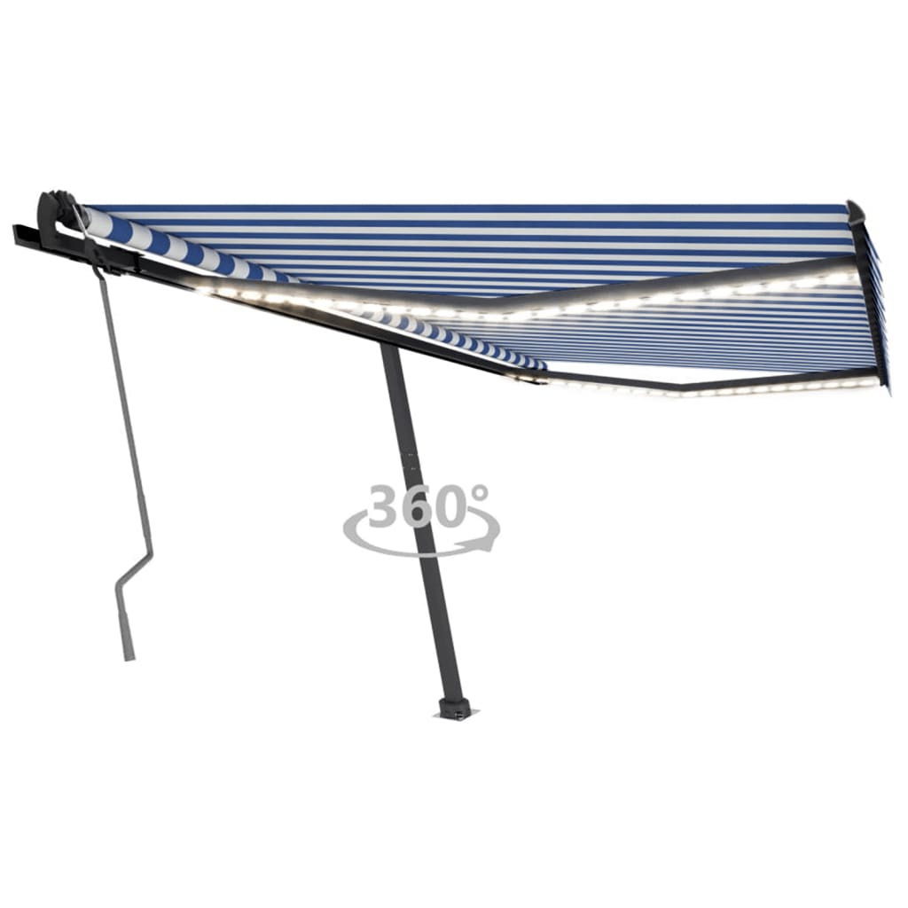 Copertină retractabilă manual cu LED, albastru&alb, 450x350 cm