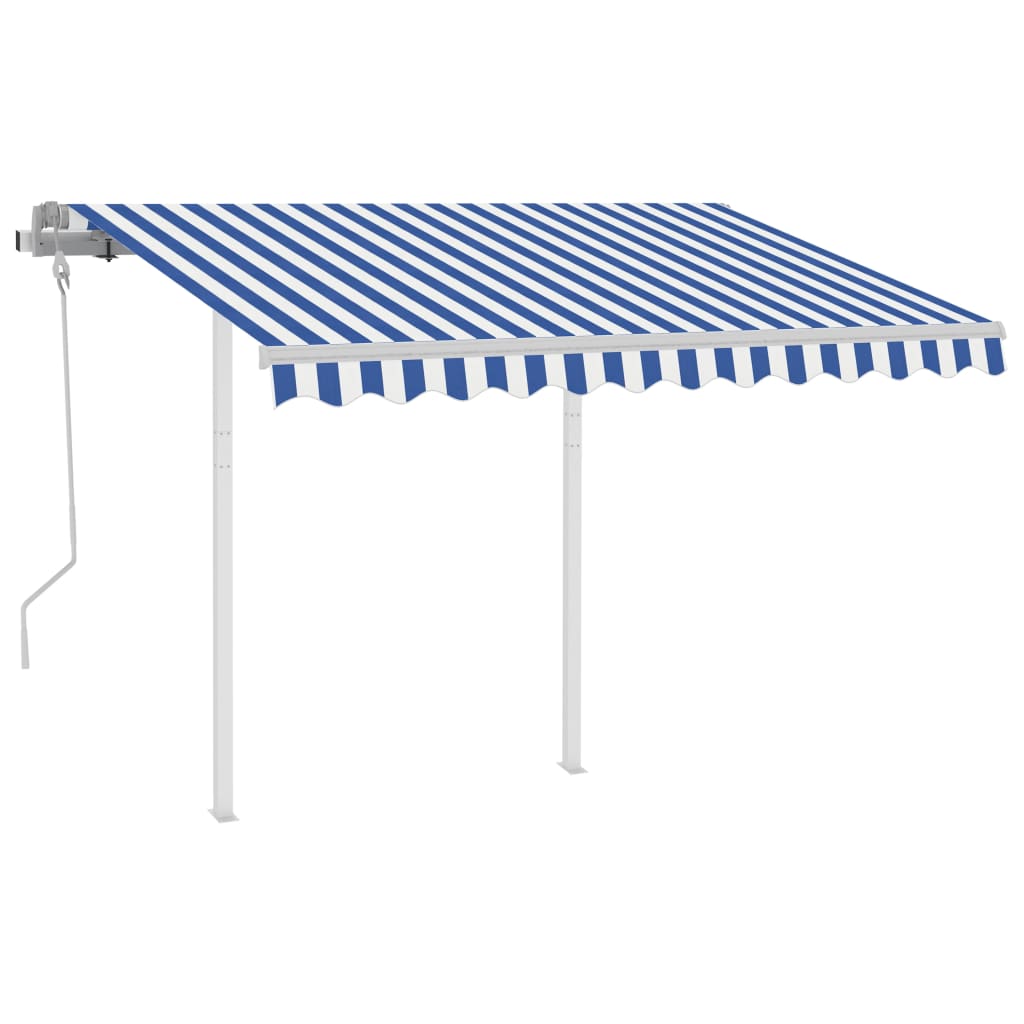 Copertină retractabilă manual cu stâlpi, albastru/alb, 3x2,5 m