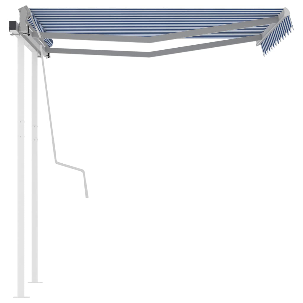 Copertină retractabilă manual cu stâlpi, albastru/alb, 3x2,5 m