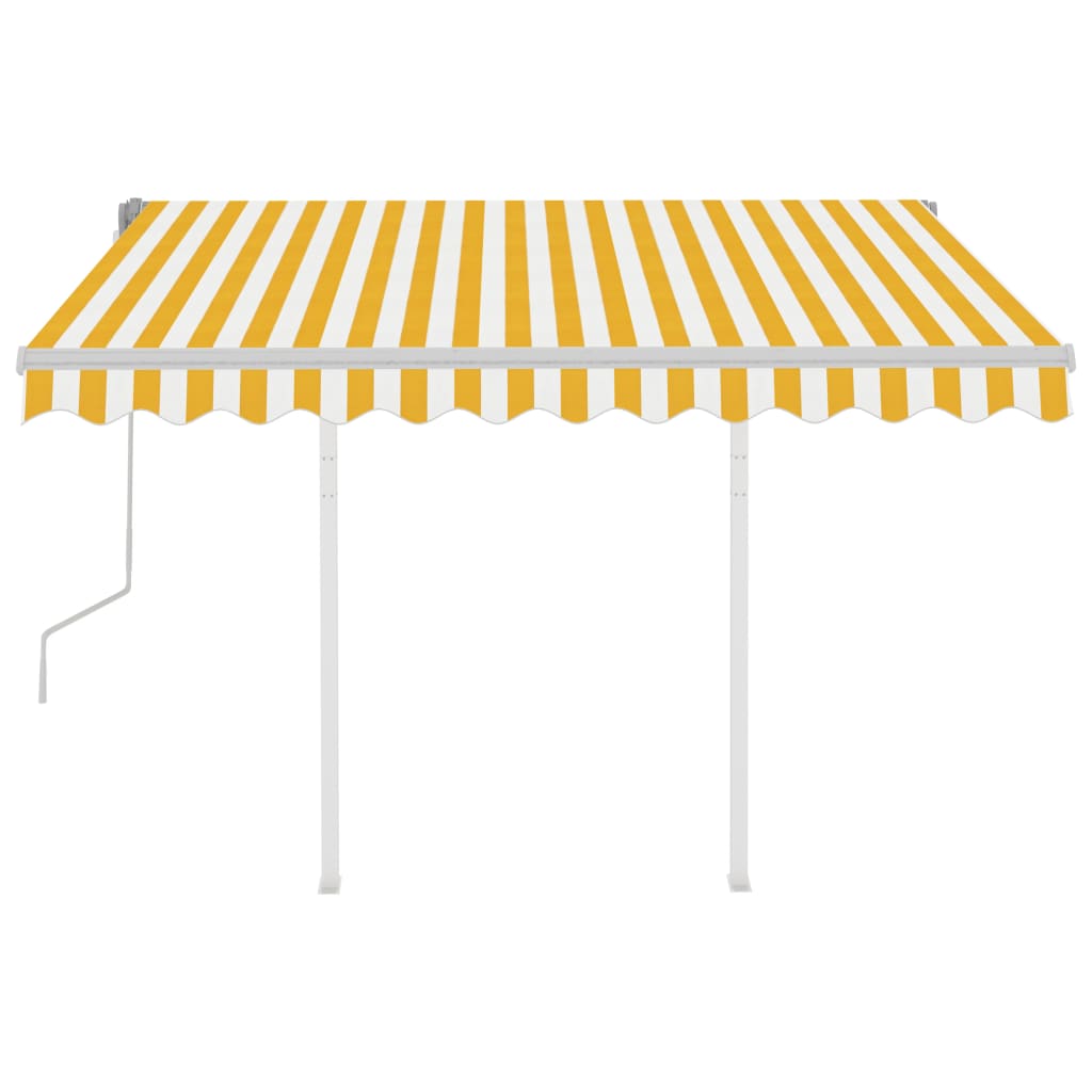 Copertină retractabilă manual cu stâlpi galben/alb 3,5x2,5 m