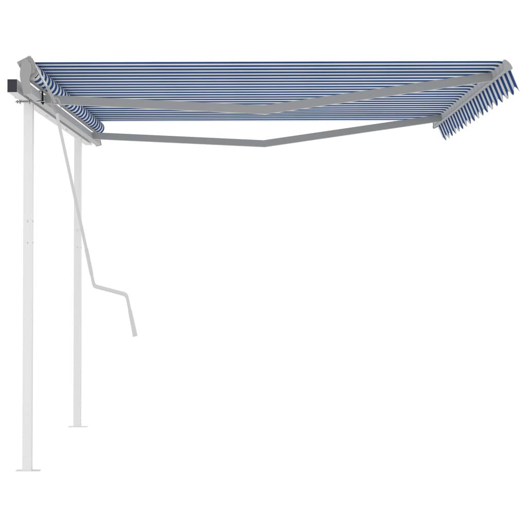 Copertină retractabilă manual, cu stâlpi, albastru/alb, 4x3 m