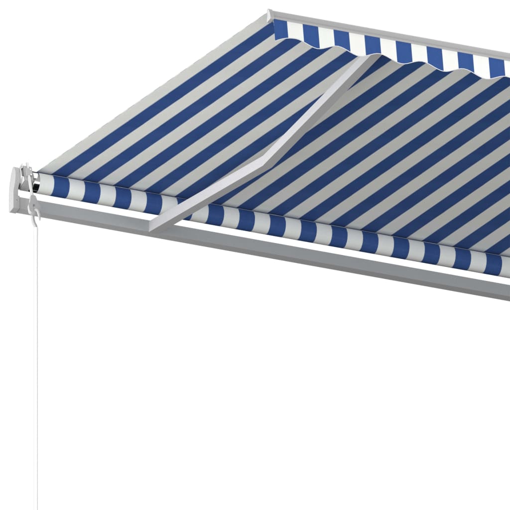 Copertină retractabilă manual, cu stâlpi, albastru & alb, 5x3 m