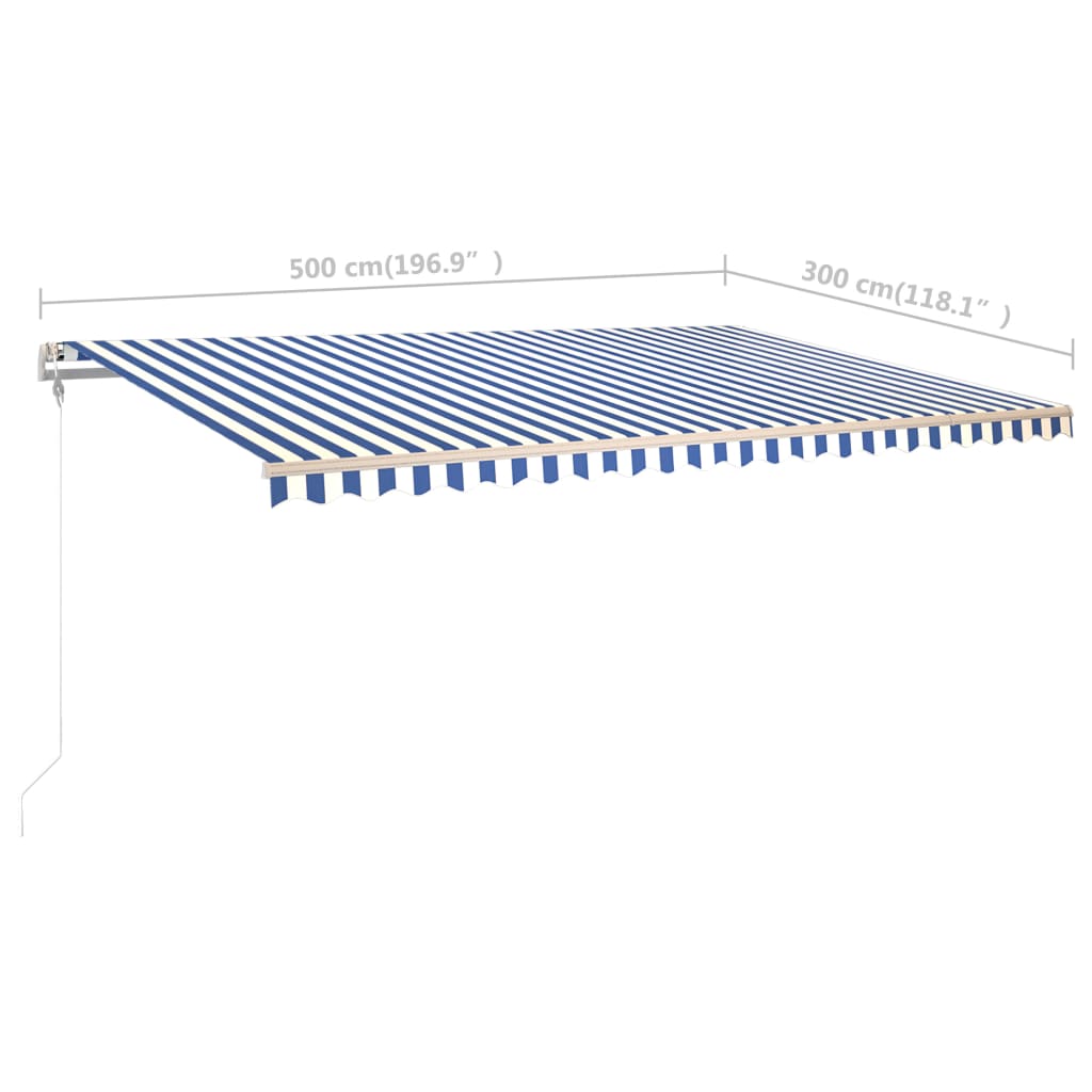 Copertină retractabilă manual, cu stâlpi, albastru & alb, 5x3 m