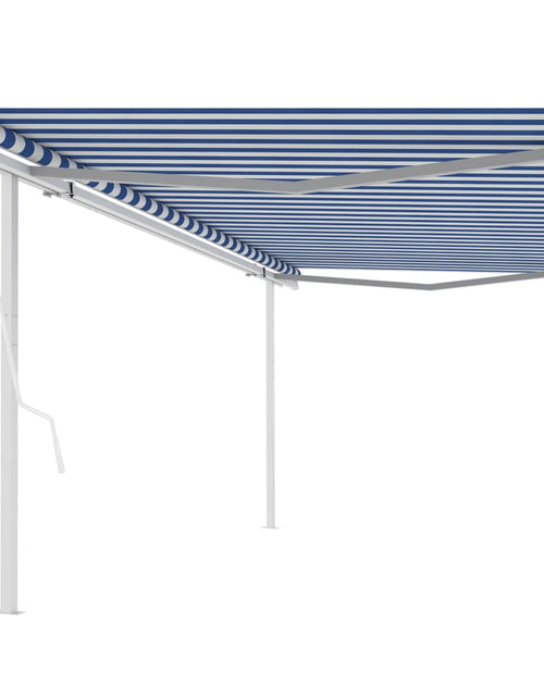 Încărcați imaginea în vizualizatorul Galerie, Copertină retractabilă automat, cu stâlpi, albastru&amp;alb, 5x3 m
