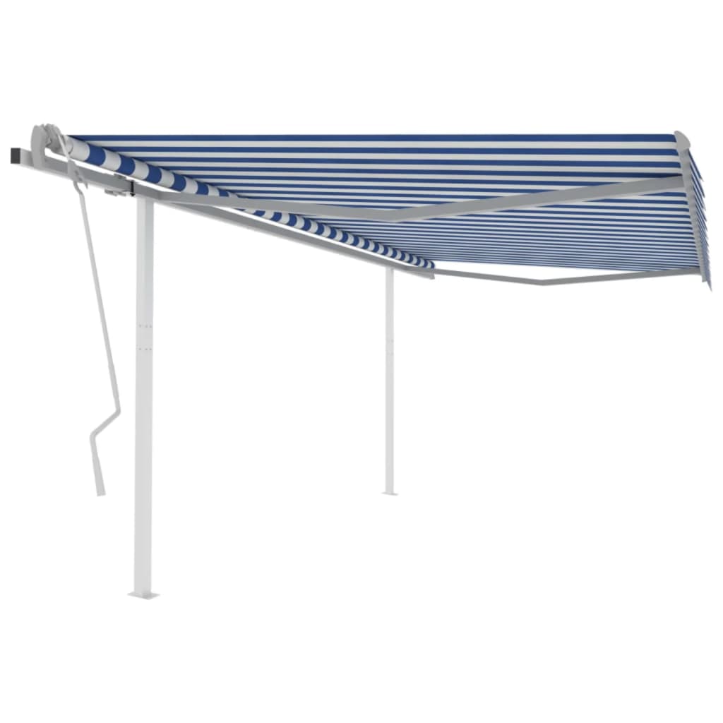 Copertină retractabilă manual cu stâlpi, albastru&alb, 4x3,5 m