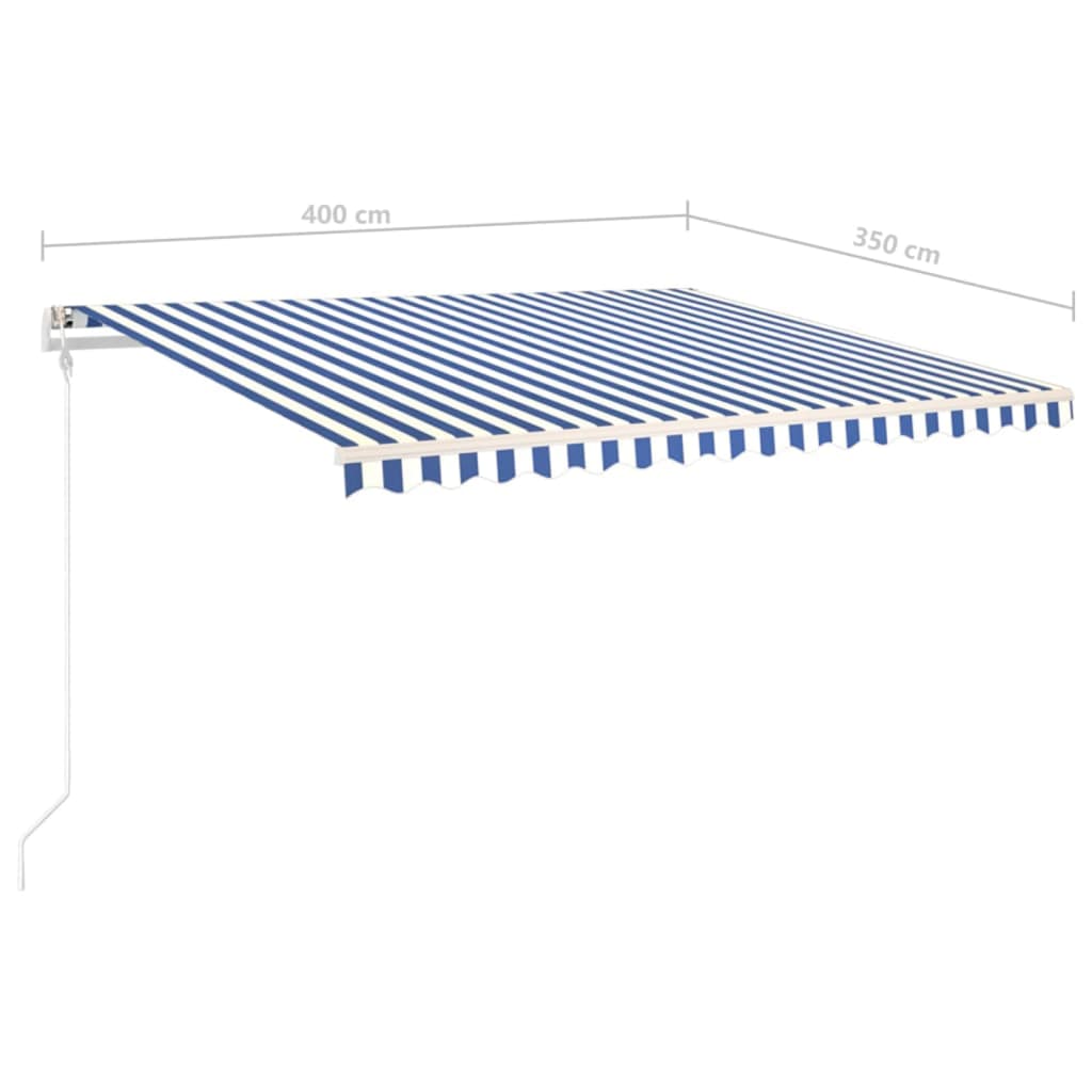 Copertină retractabilă manual cu stâlpi, albastru&alb, 4x3,5 m