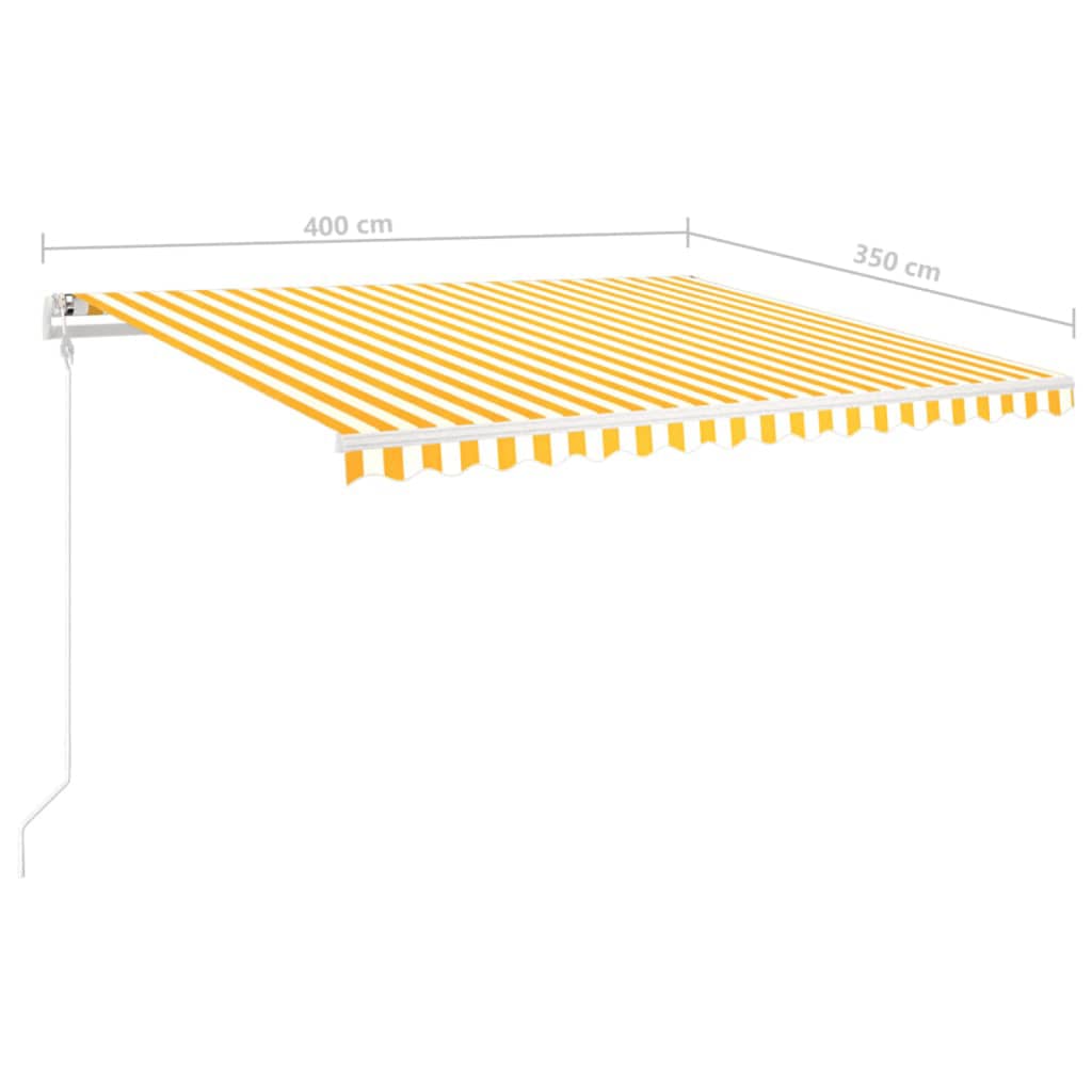 Copertină retractabilă manual cu stâlpi, galben și alb, 4x3,5 m