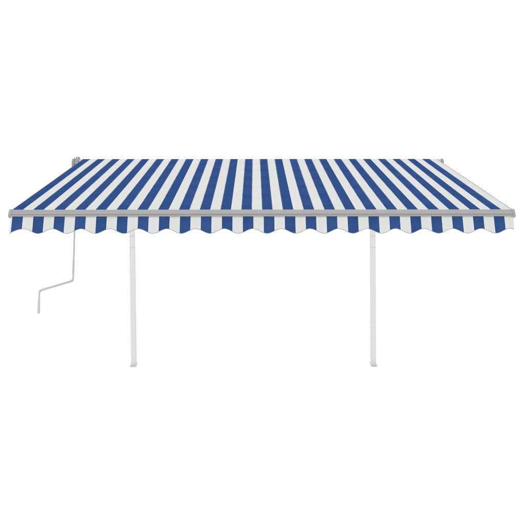 Copertină retractabilă manual, stâlpi, albastru/alb, 4,5x3,5 m