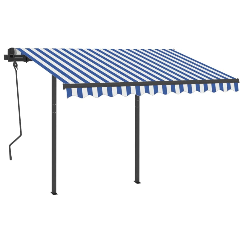 Copertină retractabilă automat cu stâlpi, albastru&alb, 3x2,5 m