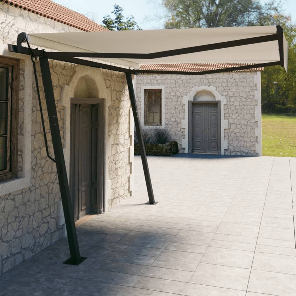 Copertină retractabilă manual, cu stâlpi, crem, 4x3 m