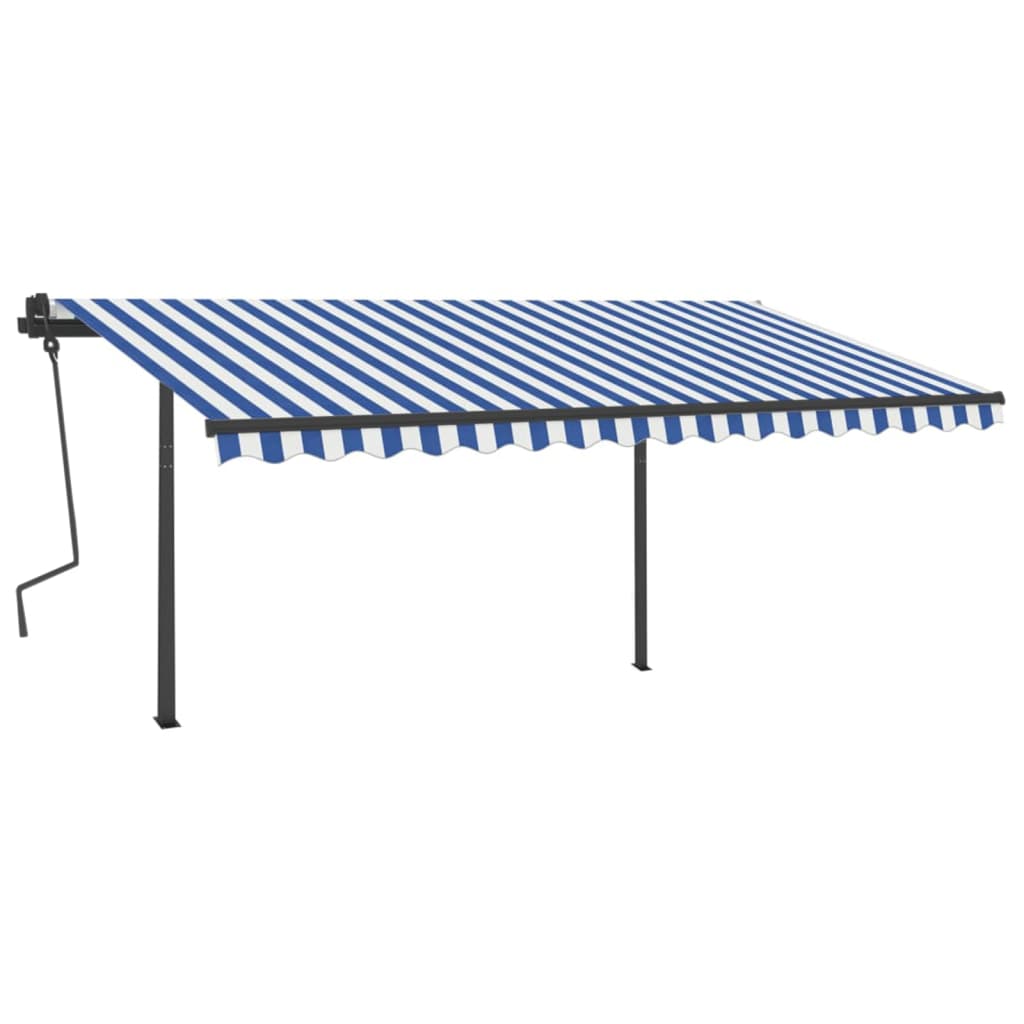 Copertină retractabilă manual, cu stâlpi, albastru/alb 4,5x3 m