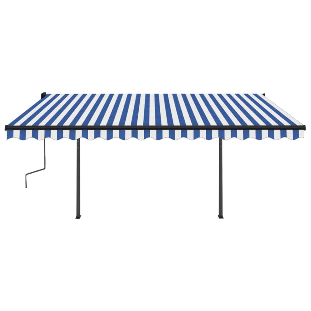 Copertină retractabilă manual, cu stâlpi, albastru/alb 4,5x3 m