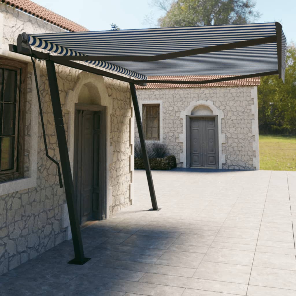 Copertină retractabilă manual, cu stâlpi, albastru/alb 4,5x3 m