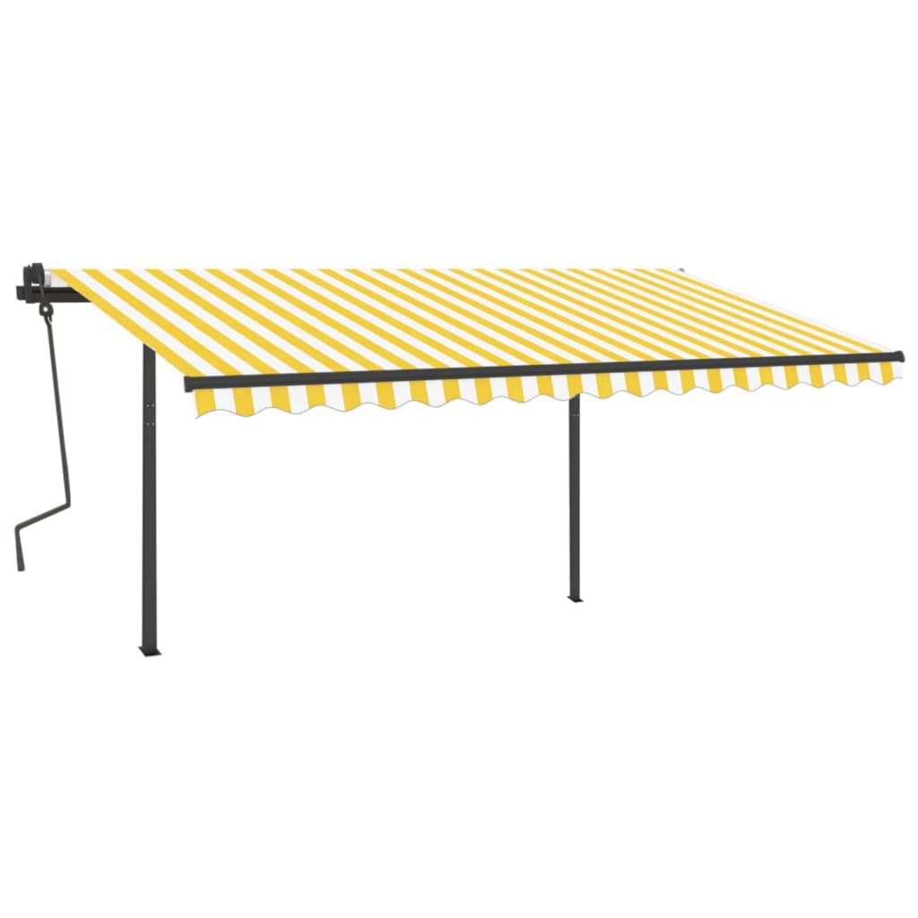 Copertină retractabilă manual, cu stâlpi, galben & alb, 4,5x3 m