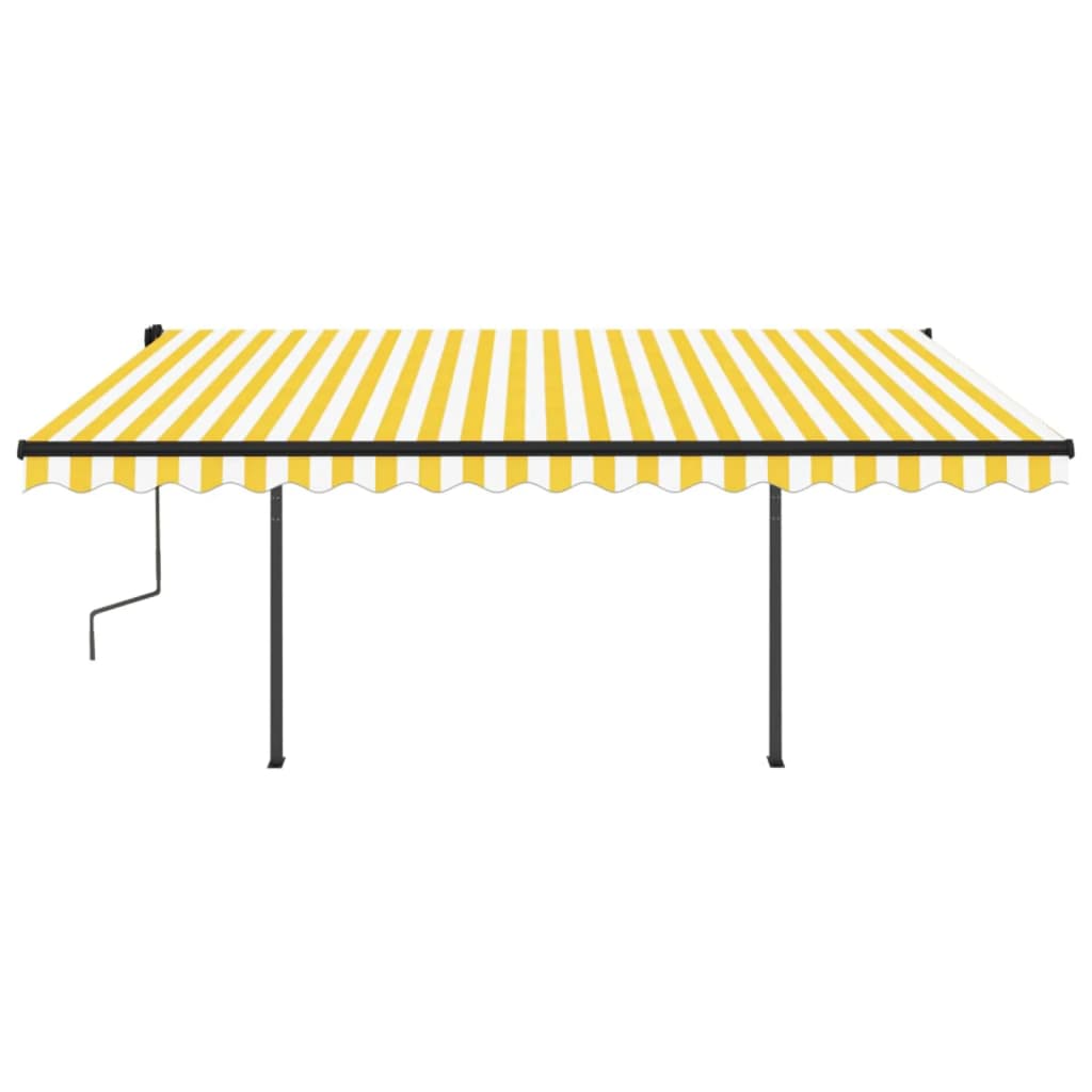 Copertină retractabilă manual, cu stâlpi, galben & alb, 4,5x3 m