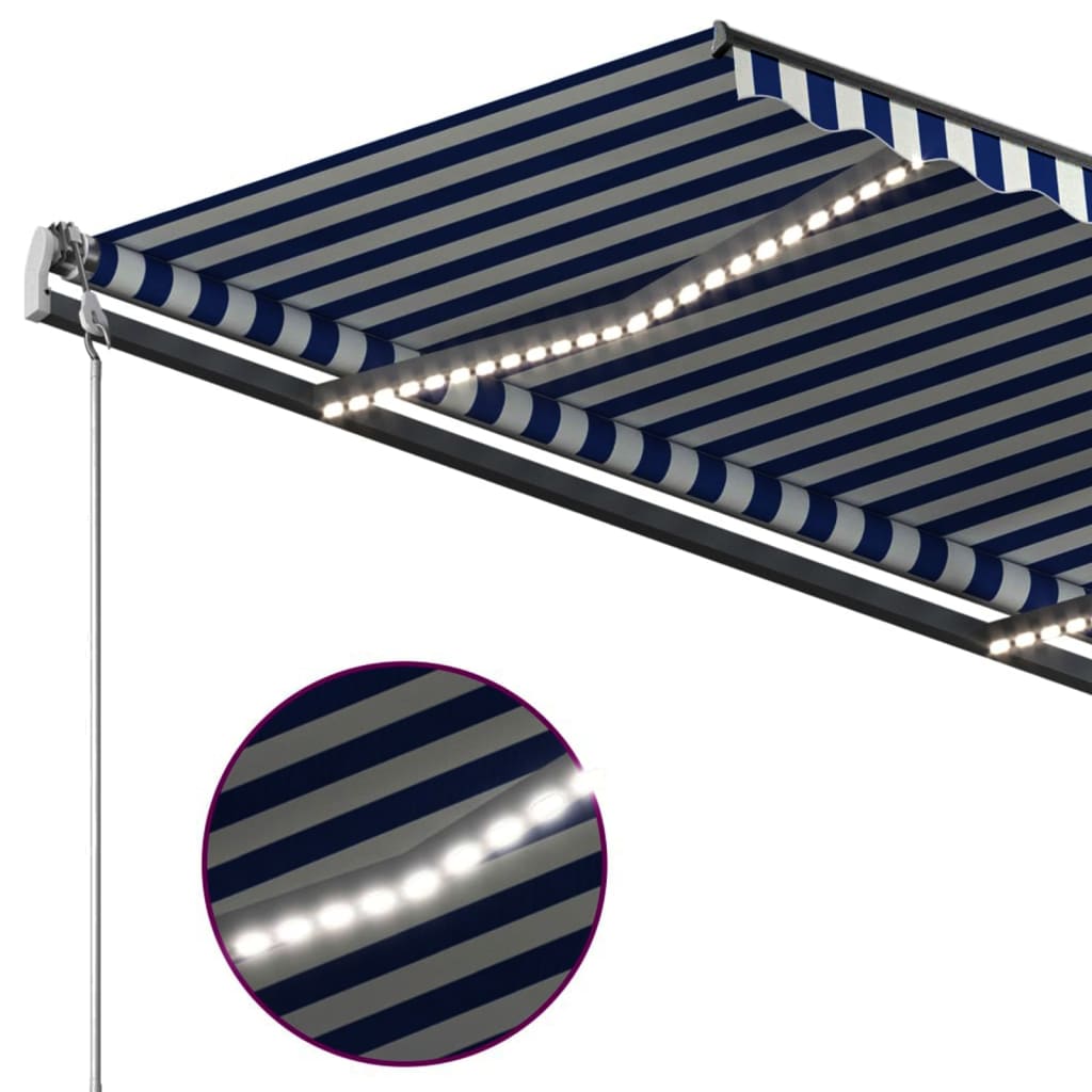 Copertină retractabilă manual, cu LED, albastru & alb 4,5x3 m