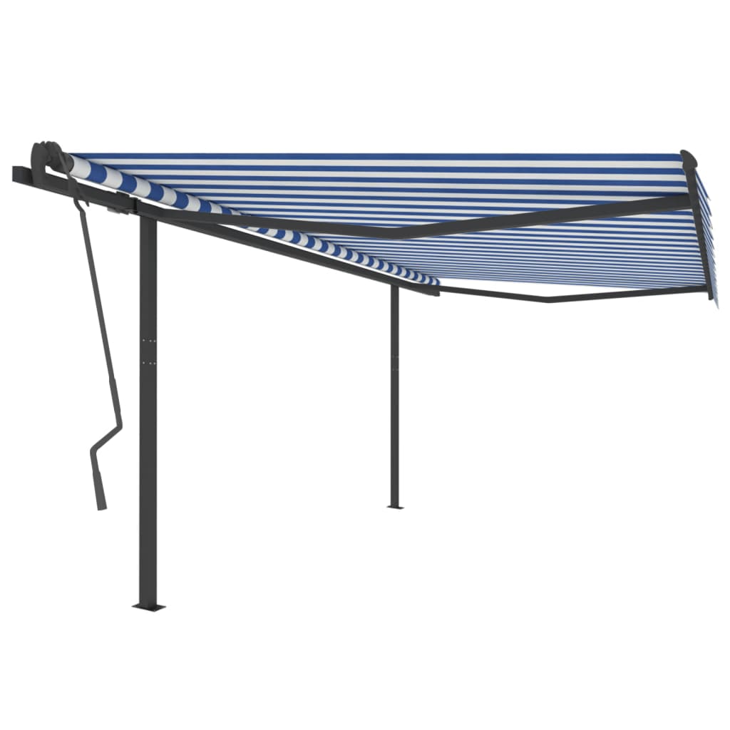 Copertină retractabilă automat cu stâlpi, albastru/alb, 4x3,5 m