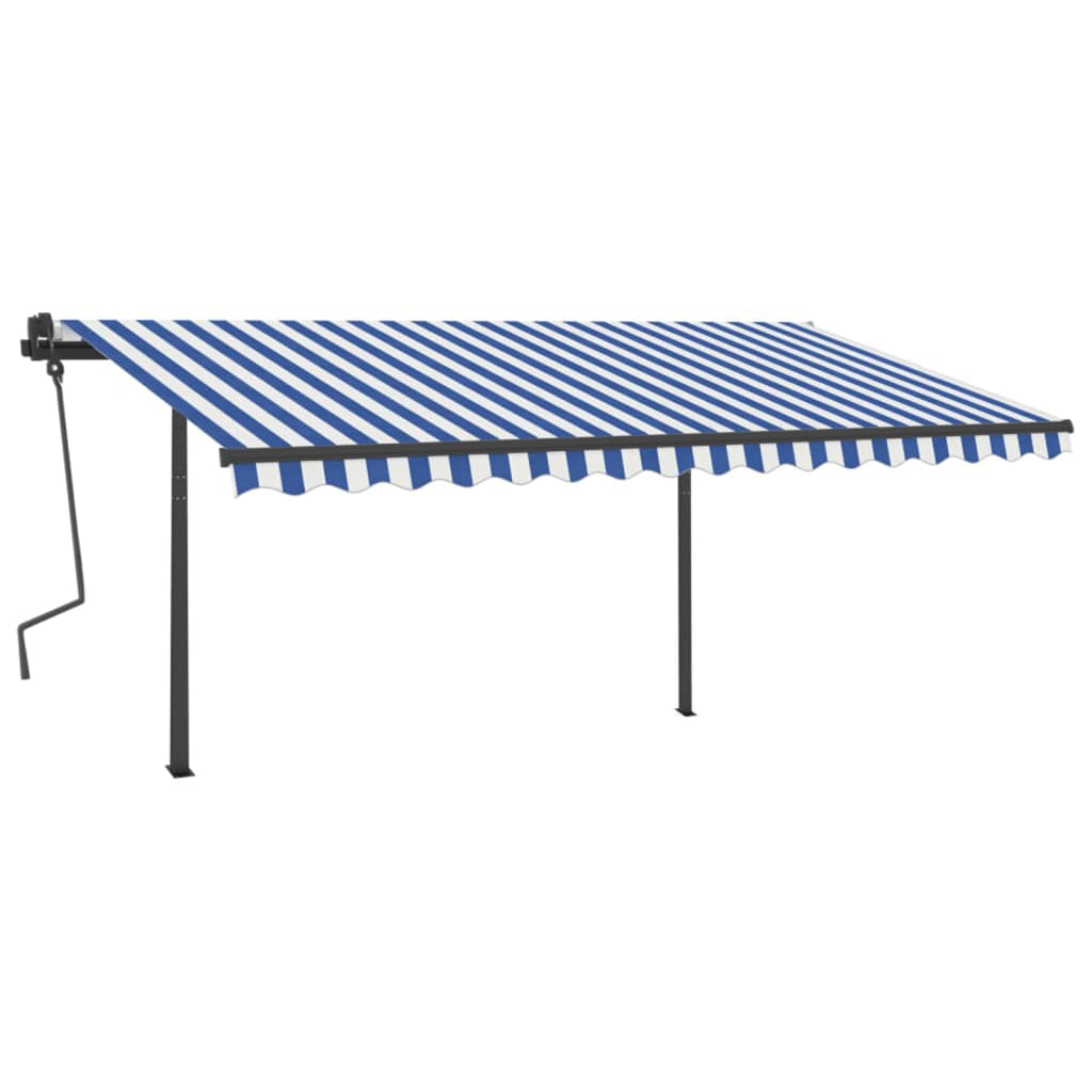 Copertină retractabilă automat cu stâlpi, albastru/alb, 4x3,5 m