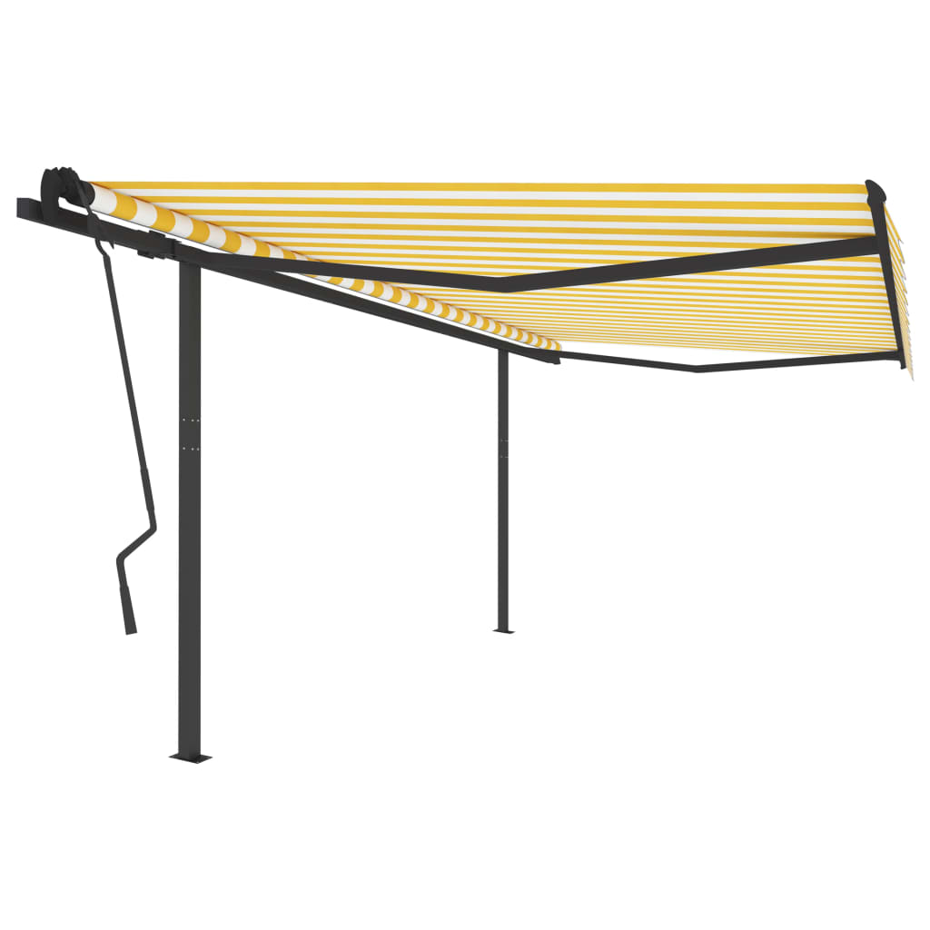 Copertină retractabilă manual, cu stâlpi galben/alb, 4,5x3,5 m