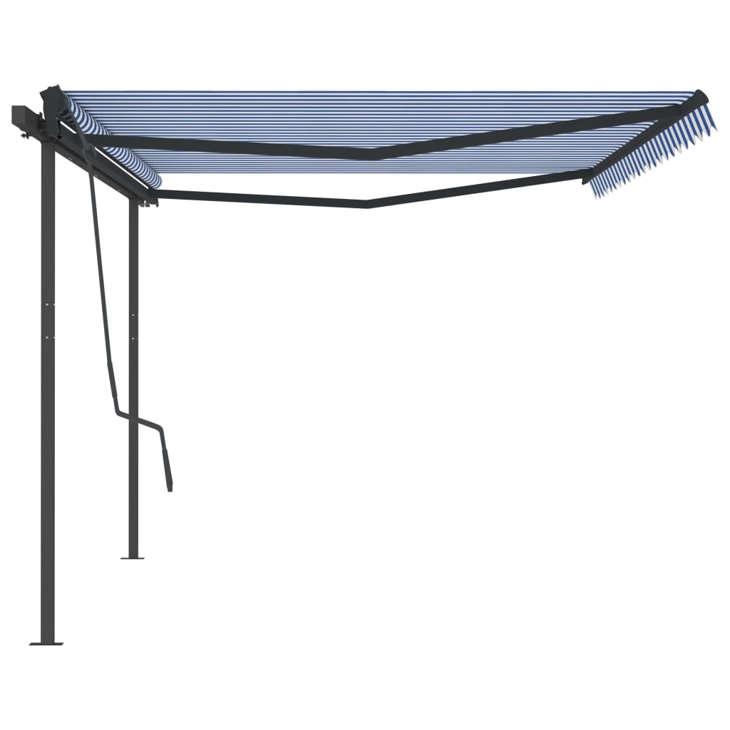 Copertină retractabilă manual cu stâlpi, albastru & alb 5x3,5 m