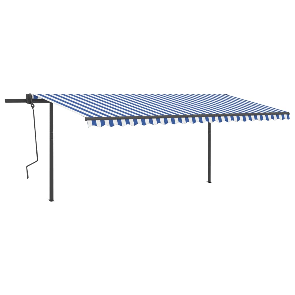 Copertină retractabilă automat, cu stâlpi, albastru/alb 5x3,5 m