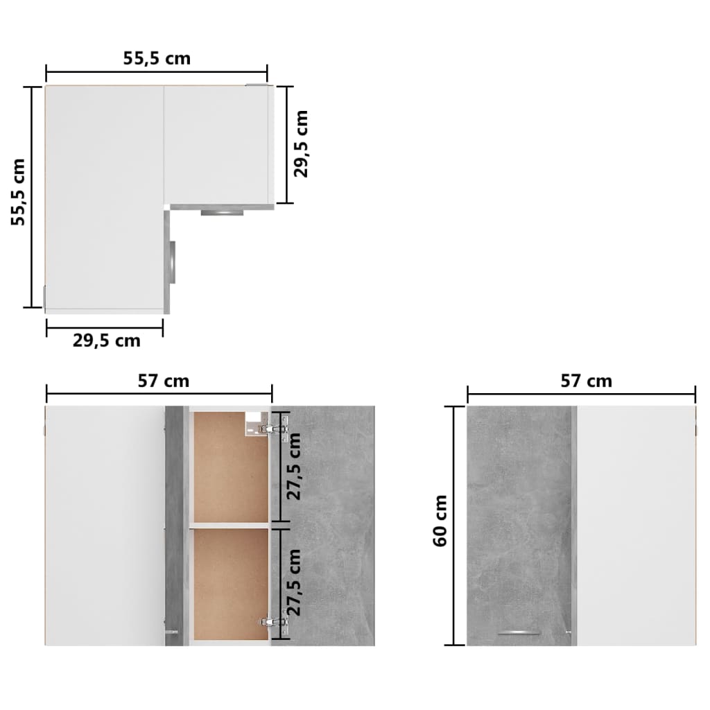 Dulap suspendat de colț, gri beton, 57x57x60 cm, PAL