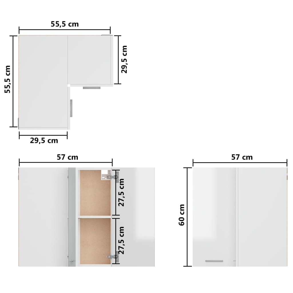 Dulap suspendat de colț, alb extralucios, 57x57x60 cm, PAL
