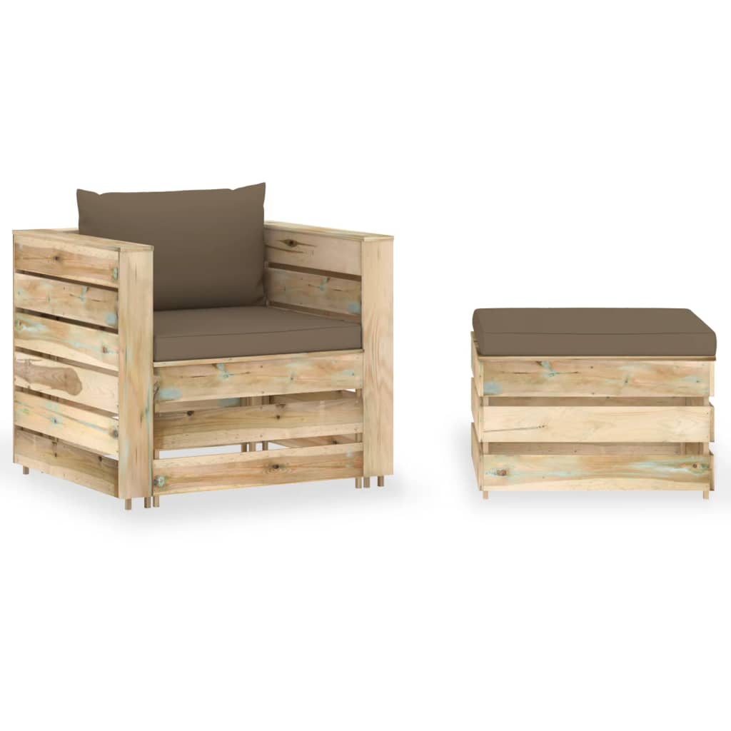 Set mobilier grădină, 2 piese, cu perne, verde, lemn impregnat