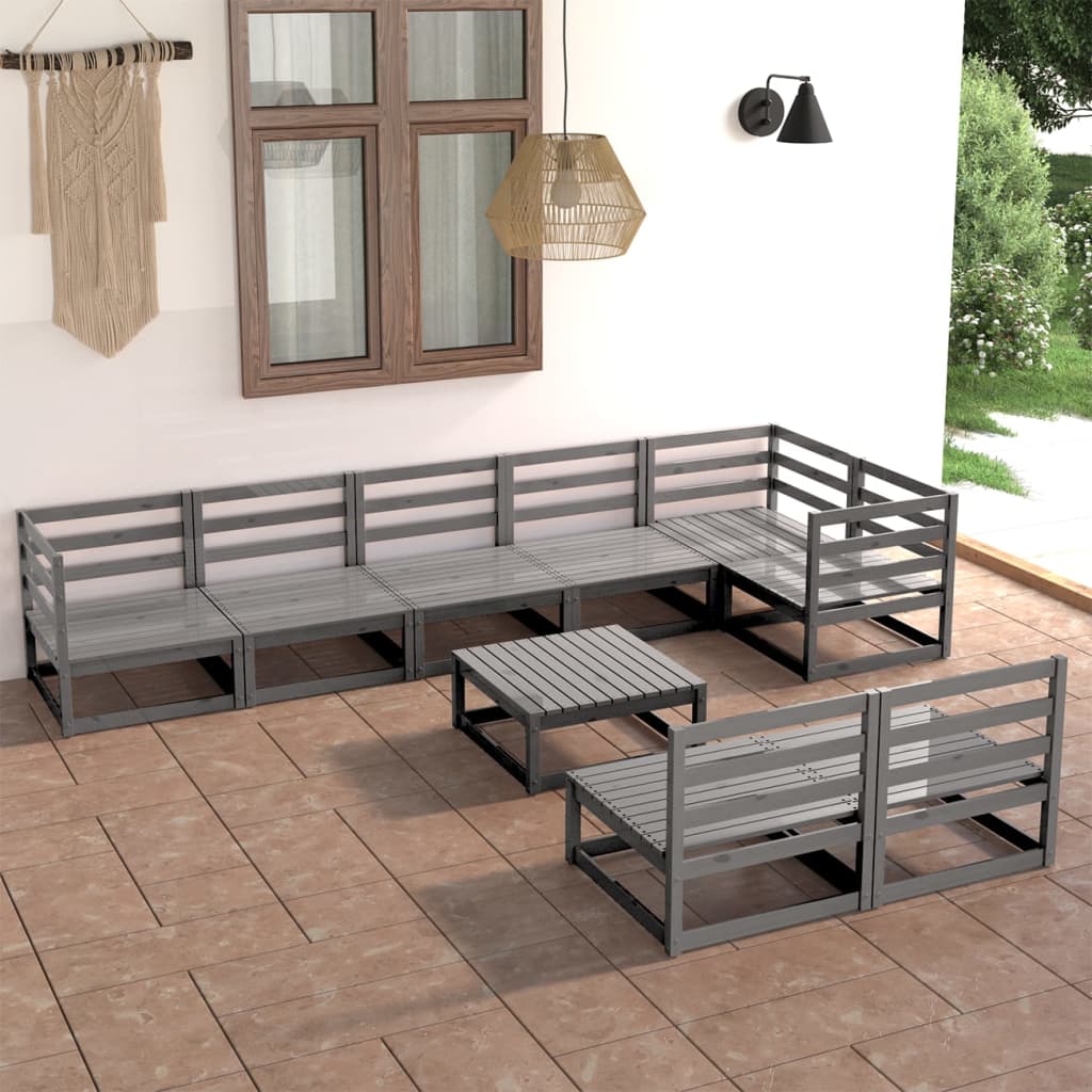 Set mobilier de grădină, 9 piese, gri, lemn masiv de pin