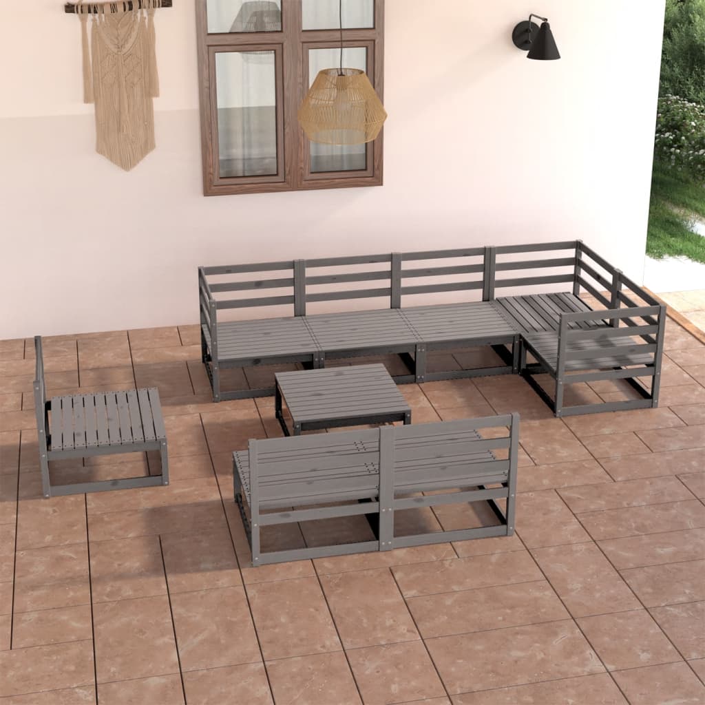 Set mobilier de grădină, 9 piese, gri, lemn masiv de pin