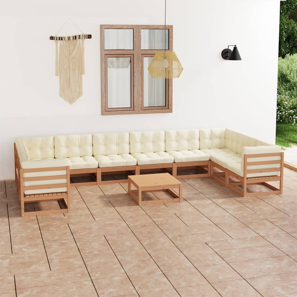 Set mobilier grădină cu perne, 11 piese, maro, lemn masiv pin - Lando