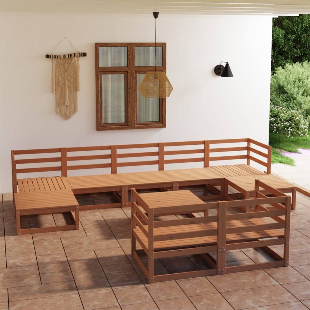 Set mobilier de grădină, 10 piese, maro miere, lemn masiv pin