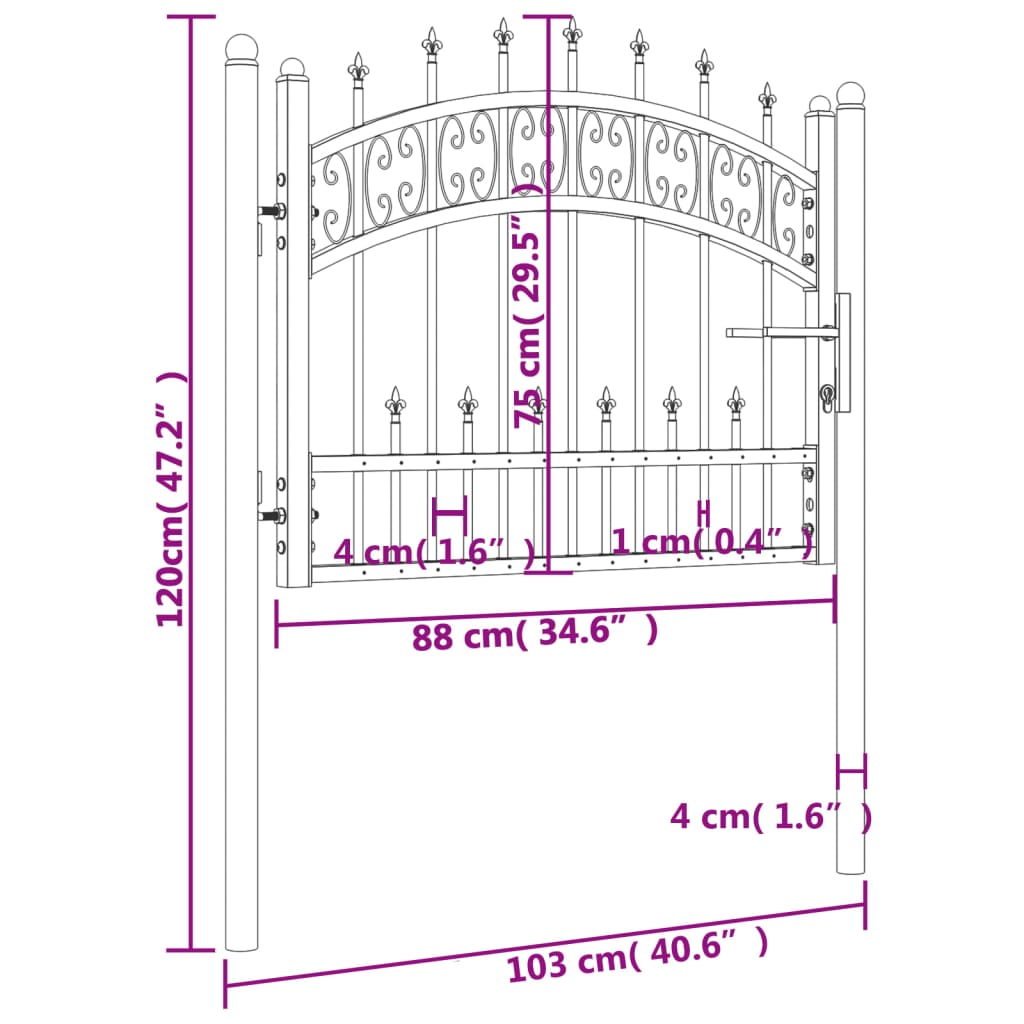 Poartă gard cu vârf negru 103x120 cm oțel vopsit electrostatic