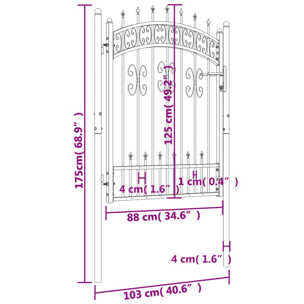 Poartă gard cu vârf negru 103x175 cm oțel vopsit electrostatic