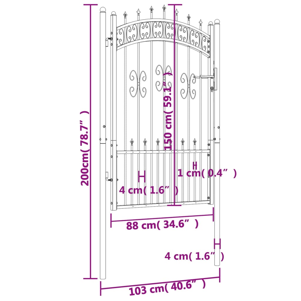 Poartă gard cu vârf negru 103x200 cm oțel vopsit electrostatic