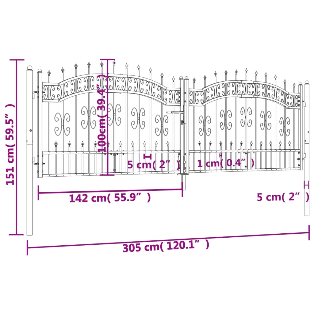 Poartă gard cu vârf negru 305x151 cm oțel vopsit electrostatic