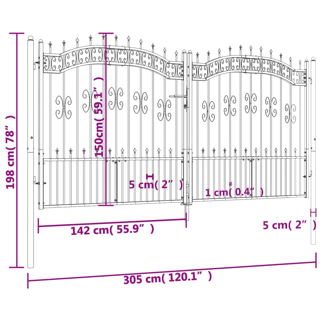 Poartă gard cu vârf negru 305x198 cm oțel vopsit electrostatic