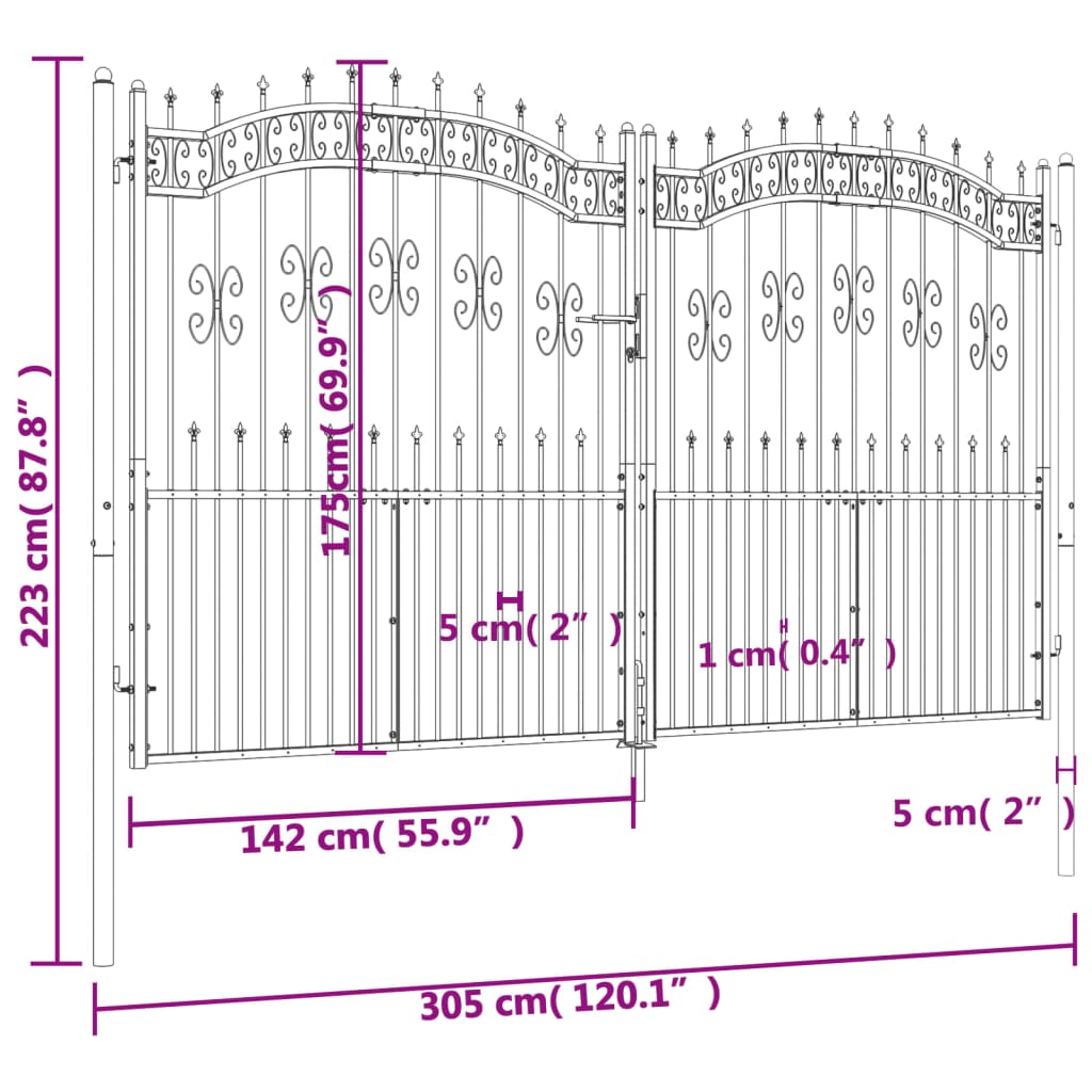 Poartă gard cu vârf negru 305x223 cm oțel vopsit electrostatic