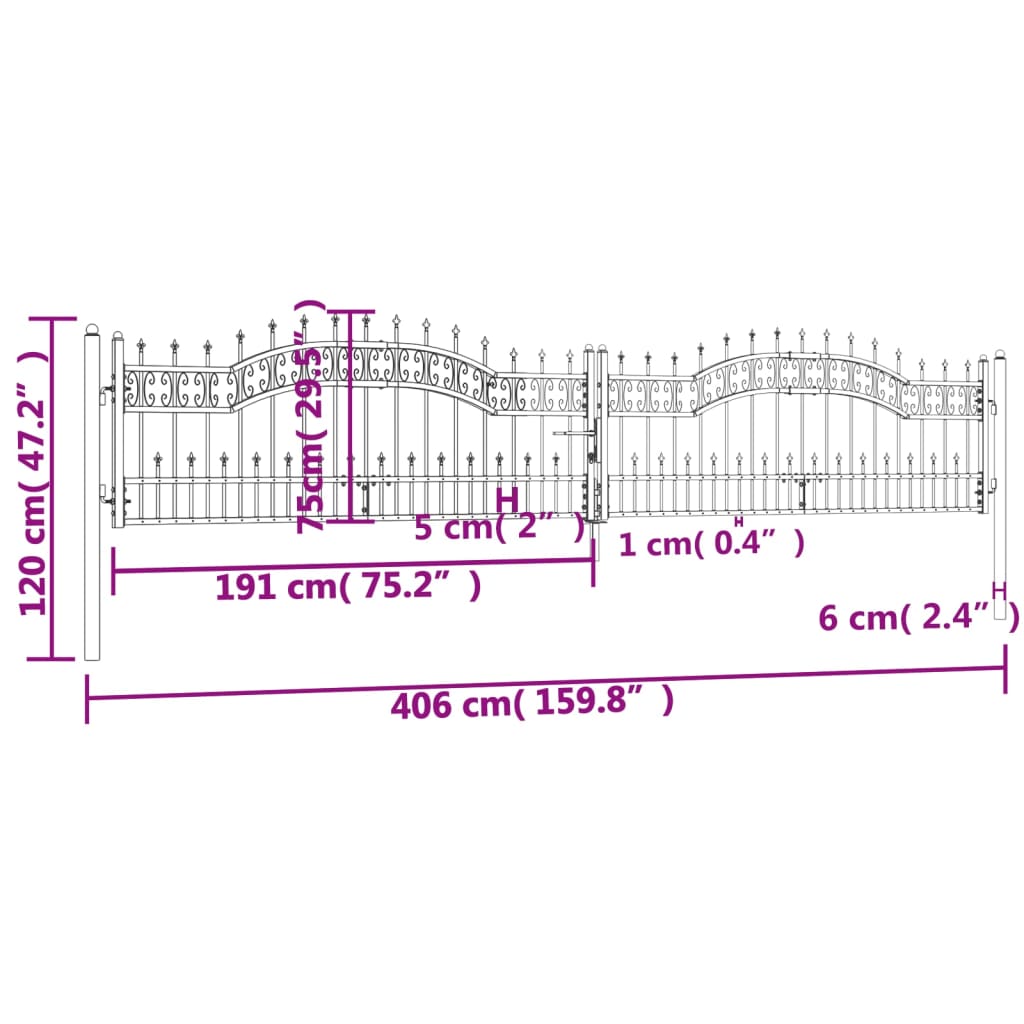 Poartă gard cu vârf negru 406x120 cm oțel vopsit electrostatic