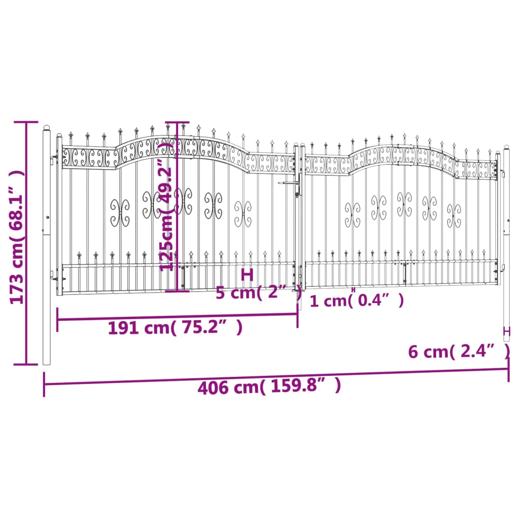 Poartă gard cu vârf negru 406x173 cm oțel vopsit electrostatic