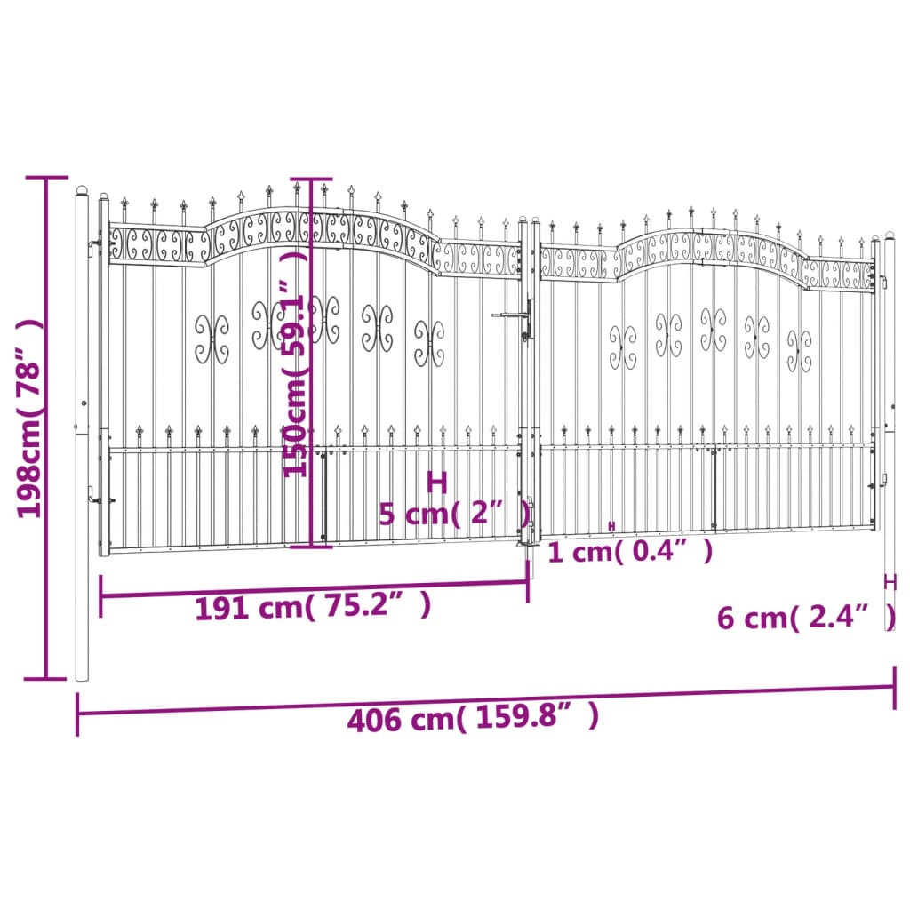 Poartă gard cu vârf negru 406x198 cm oțel vopsit electrostatic