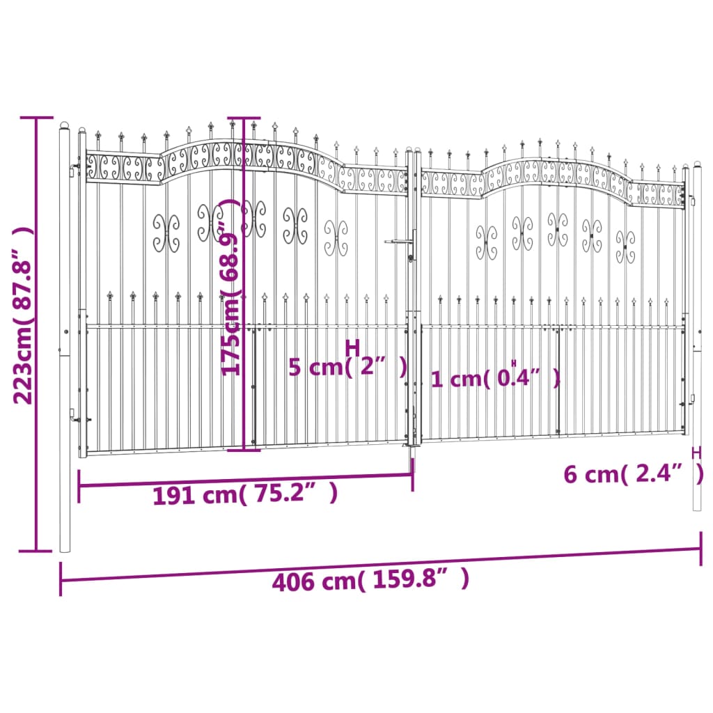 Poartă gard cu vârf negru 406x223 cm oțel vopsit electrostatic