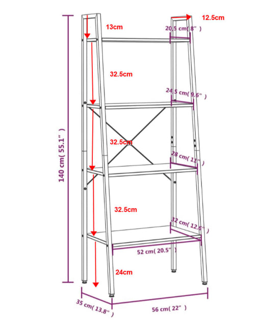 Загрузите изображение в средство просмотра галереи, Raft vertical cu 4 niveluri, maro deschis/negru, 56x35x140 cm
